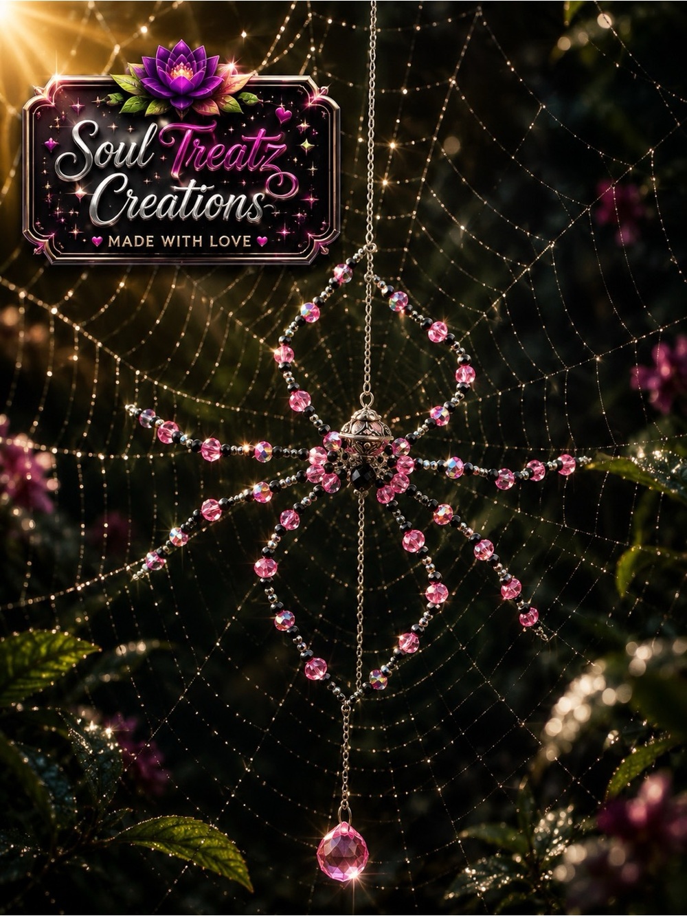 Pink & Black Beaded Spider Crystal Sun Catcher